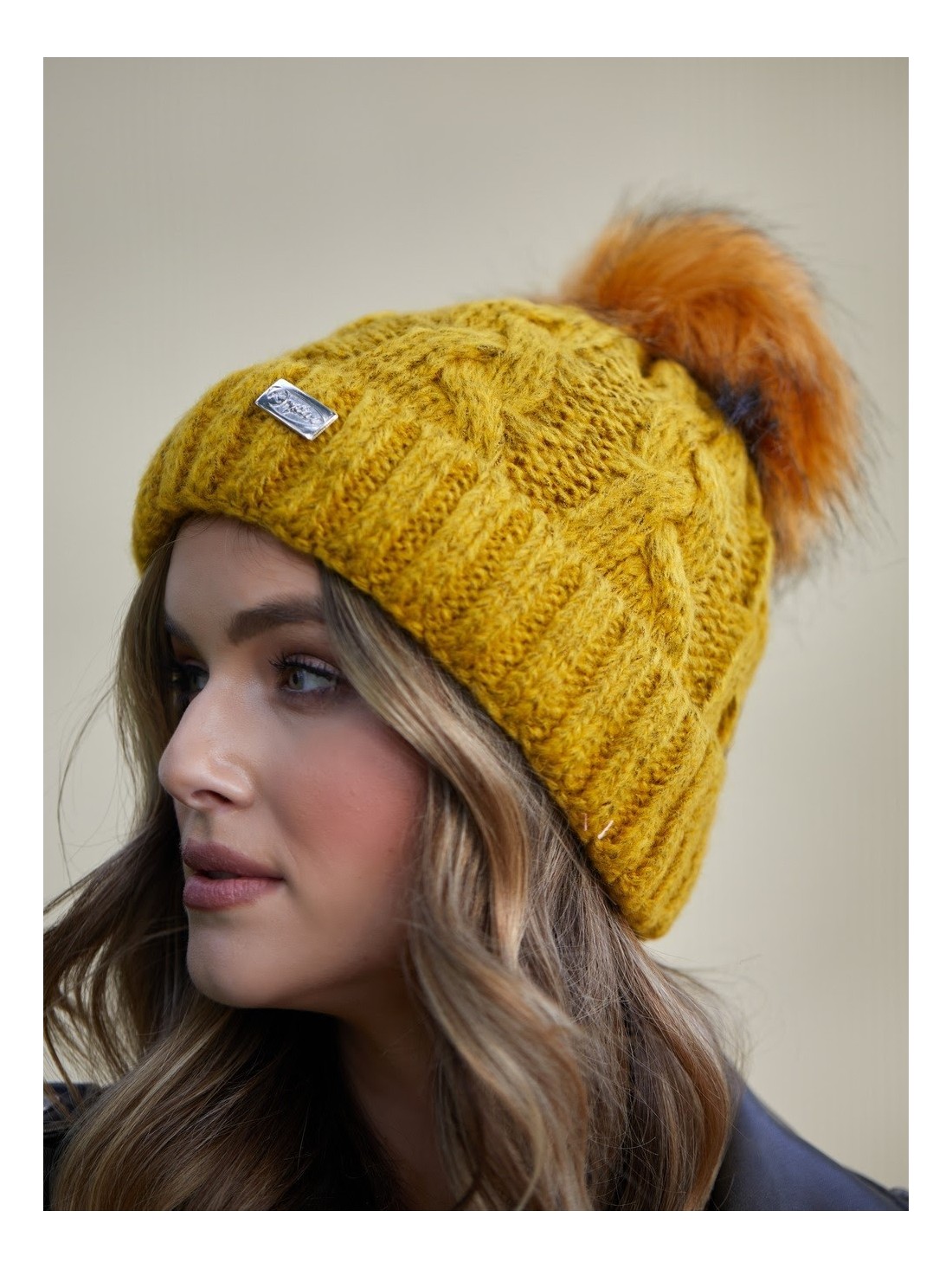 Winter hat with a shimmering thread in braids, mustard C49 - Online store - Boutique